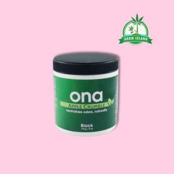 ONA Block Apple Crumble green plastic jar with pink background and green Grow Island logo in the right upper corner