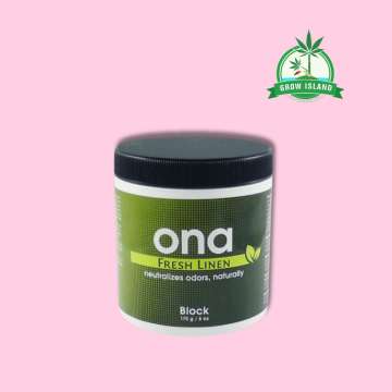 ONA Block Fresh Linen green plastic jar with pink background and green Grow Island logo in the right upper corner