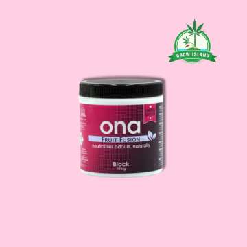 ONA Block Fruit Fusion pink plastic jar with pink background and green Grow Island logo in the right upper corner