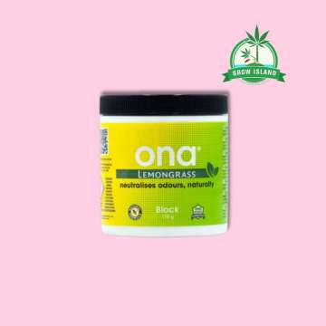 ONA Block Lemongrass yellow plastic jar with pink background and green Grow Island logo in the right upper corner