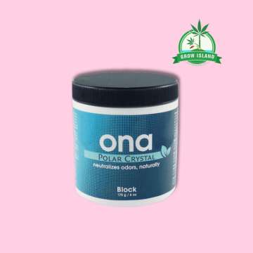ONA Block Polar Crystal blue plastic jar with pink background and green Grow Island logo in the right upper corner