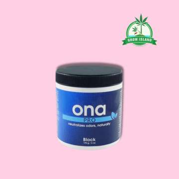ONA Block Pro blue plastic jar with pink background and green Grow Island logo in the right upper corner