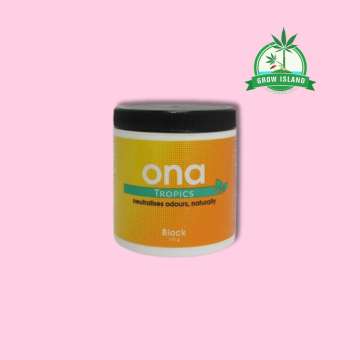 ONA Block Tropics yellow plastic jar with pink background and green Grow Island logo in the right upper corner