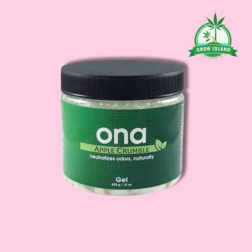 ONA Gel Apple Crumble green plastic jar with pink background and green Grow Island logo in the right upper corner