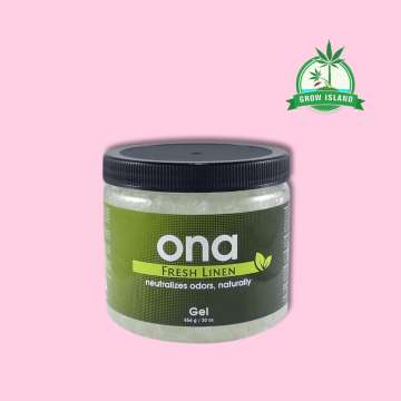 ONA Gel Fresh Linen green plastic jar with pink background and green Grow Island logo in the right upper corner