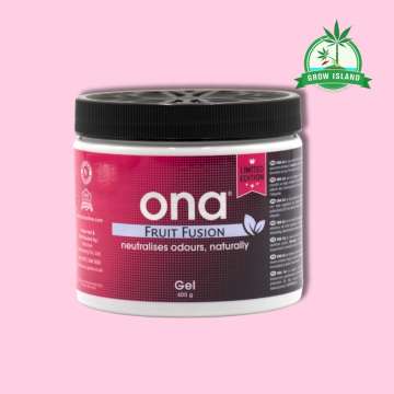 ONA Gel Fruit Fusion pink plastic jar with pink background and green Grow Island logo in the right upper corner