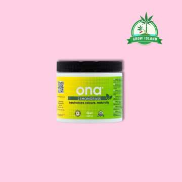ONA Gel Lemongrass yellow plastic jar with pink background and green Grow Island logo in the right upper corner