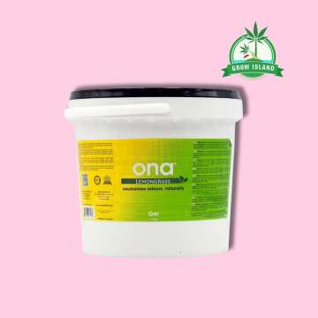 ONA Gel Lemongrass white plastic bucket with pink background and green Grow Island logo in the right upper corner