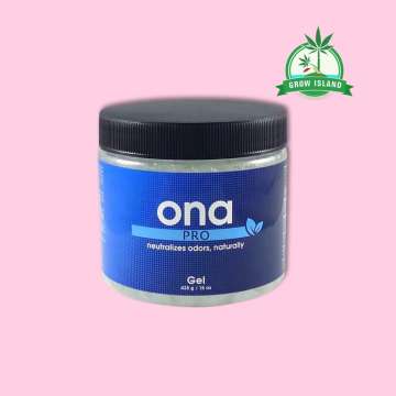 ONA Gel PRO blue plastic jar with pink background and green Grow Island logo in the right upper corner