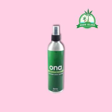 ONA Spray Apple Crumble green alu spray bottle with pink background and green Grow Island logo in the right upper corner