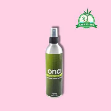 ONA Spray Fresh Linen  green alu spray bottle with pink background and green Grow Island logo in the right upper corner