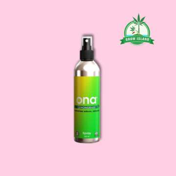 ONA Spray Lemongrass green alu spray bottle with pink background and green Grow Island logo in the right upper corner