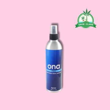 ONA Spray Pro blue alu spray bottle with pink background and green Grow Island logo in the right upper corner