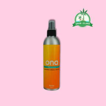 ONA Spray Tropics yellow alu spray bottle with pink background and green Grow Island logo in the right upper corner