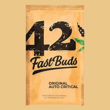 Original Critical brown seed bag with 420 Fast buds logo on it and with hell orange background