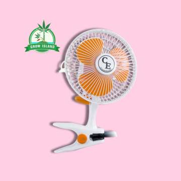white and orange colored Cornwall Electronics 20W 2SPEED clip fan with pink background and green Grow Island logo in the upper left corner