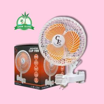 white and orange colored Cornwall Electronics 20W 2SPEED clip fan, on the left side is the original black, red coloured box with pink background and green Grow Island logo in the upper left corner