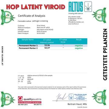 Virus test in which the permanent marker is negative for hop latent virus. with Grow Island logo in the edges.