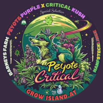 Peyote Critical logo, a green wolf on cannabis plants