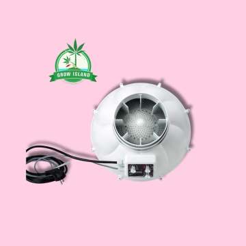 Prima Klima PK150 Rohrventilator from back side with hell rose background and green Grow Island logo in the right upper corner