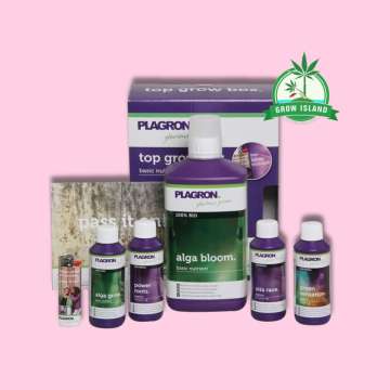 Plagron - Top Grow Box Bio, from left to right: Alga Grow, Power Roots, Alga bloom, Vita race, green Sensation, purple paper box behind them. Hell rose background and green Grow Island logo in the right upper corner