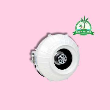 Prima Klima PK200EC-TC Inline Fan from the fan side with hell rose background and green Grow Island logo in the right upper corner