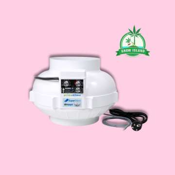 Prima Klima PK200EC-TC Inline Fan from controller the side with hell rose background and green Grow Island logo in the right upper corner