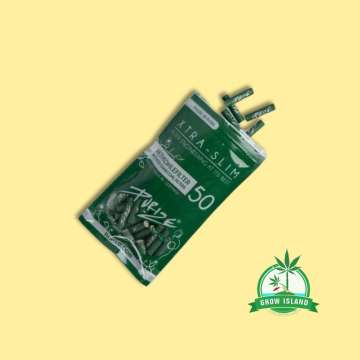 Purize Xtra slim Green filter with yellow background and green Grow Island logo in the right lower corner