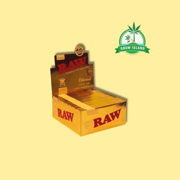 RAW Ethereal Paper in a yellow-black box with yellow background and green grow Island logo in the right upper corner