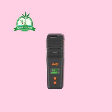 the vaporizer can be seen from the front when it is switched on, as the display lights up with a pink background and green Grow Isalnd logo in the left upper corner