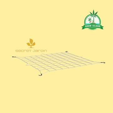 Plant Support Net with yellow background, yello secret jardin logo in the left side of the net and green Grow Island logo in the right upper corner