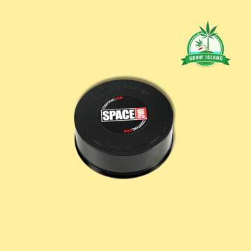 SpaceVac black vacuum can closed with yellow background and green grow island logo in the right upper corner