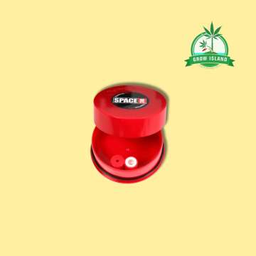 SpaceVac red vacuum can opened with yellow background and green grow island logo in the right upper corner