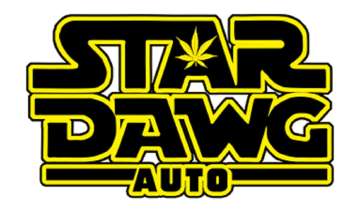 Stardawg Auto logo like star wars logo with yellow-black text and one yellow cannabis leaf in the letter A