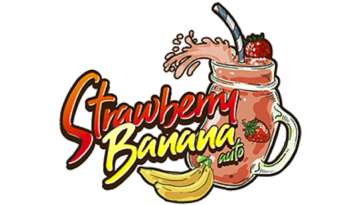 Strawberry Banana Auto logo with red and yellow text and two banana and a fruit-shake on the right side