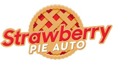 Strawberry Pie logo with red and yellow letters, and a pie behind it