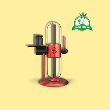 Tyson 2.0 X Stündenglass Gravity InfuseIt consists of 2 glass parts like an hourglass and is attached to an aluminum base in the middle, thus enabling their rotation. with yellow background and green gros Island logo in the upper right corner