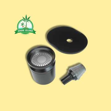 filter pieces to the bong with yellow background and green gros Island logo in the upper right corner
