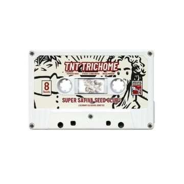 White cassette with the plant name TNT Trichome  on it
