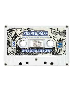 White cassette with the plant name Kosher Haze on it