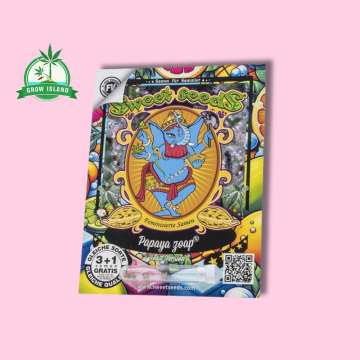 Papaya Zoap F1 Seeds in plastic holder on a rcolorful paper with sweet seeds elephant logo and pink background and green Grow Island logo in the left corner