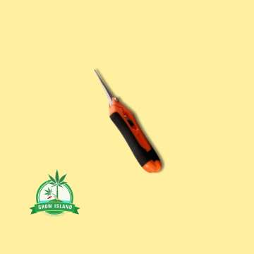 Trimming Scissors Straight orange colour with yellow background and green Grow Island logo in the right lower corner