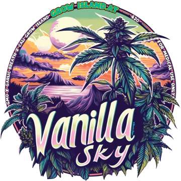 Vanilla Sky Logo — Cannabispflanze vor einem lebendigen, farbenfrohen Wolkenhimmel im Hintergrund.