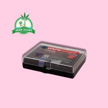 Vapocane plastic box with hell rose background and green Grow Island logo in the left corner
