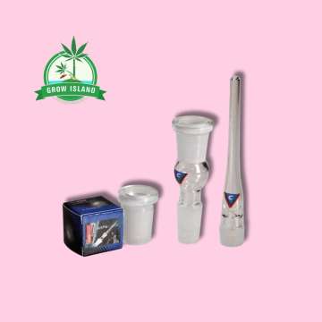 VapoCane Fusion glas attachment, NS19 adapter, a small paper box with 5 metal screens with hell rose background and green Grow Island logo in the left corner